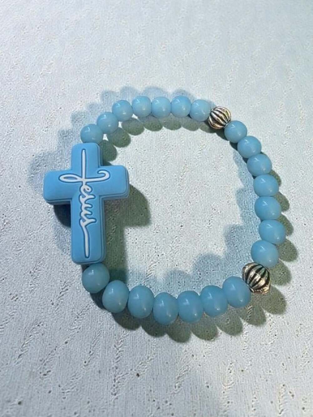 Handmade Light Blue Beaded Cross Bracelet Silver Accents